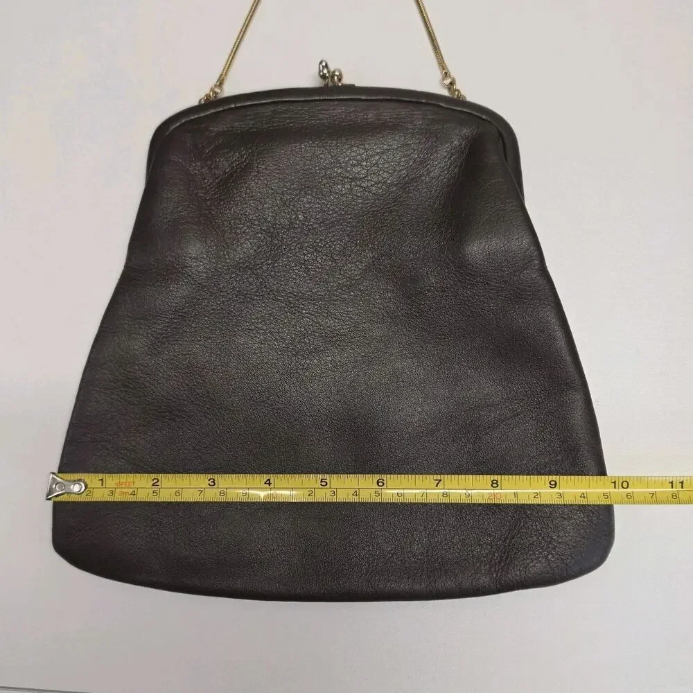 Vintage Hopper Kiss Lock Handbag Brown Leather Frame Clutch Purse 60s USA Made
